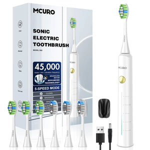 MCURO Sonic Electric Toothbrush, Rechargeable Electric Toothbrush for Adults, Portable Home Use, 45000 Rpm, 6 Brush Heads, 5 Cleaning Modes, Ipx7 Waterproof, 60 Days Lifespan,White